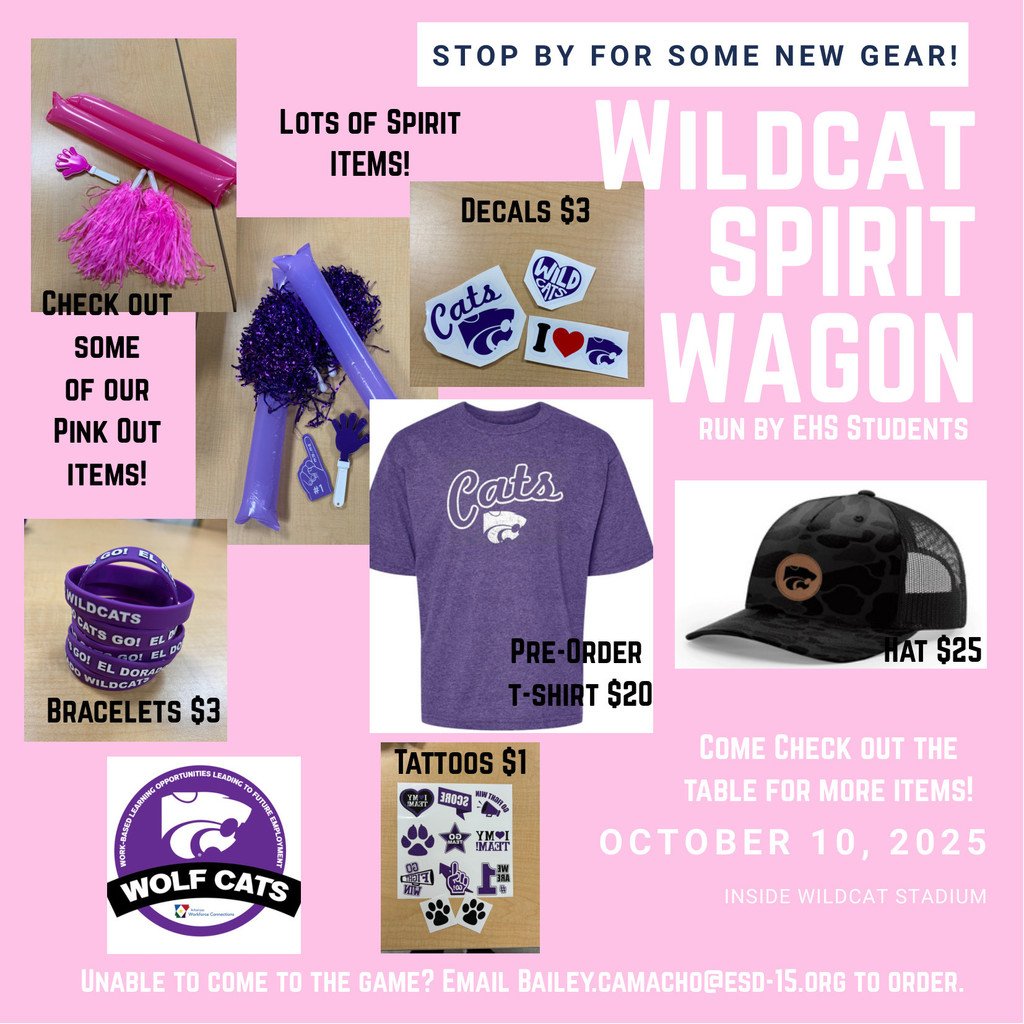 Last chance for Wildcat gear! Grab your spirit items between 5:45 - 7 PM at the stadium. Can’t make it? Email bailey.camacho@esd-15.org
 to order!