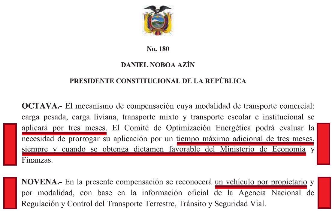 #URGENTE 
#DanielNoboa Decreto 180 compensación por subida del DIÉSEL:
🚨Sólo será x TRES MESES.
🚨Se extenderá x 3 meses más➡️sólo "si hay plata".
🚨NO incluye buses y taxis.
🚨Sólo 1 vehículo por propietario. Si alguien tiene 2 camionetas a diésel➡️SALADOS.
🔴‼️FARSANTE‼️🔴