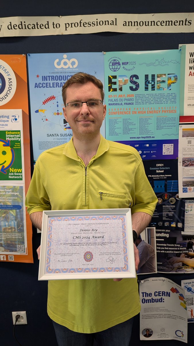 KSUPhysics's tweet image. Exciting news from @CMSexperiment @CERN in June!
🎉 Postdoc Dennis Roy recognized for leadership in HCAL Ops
🎉 GRA Braden Allmond for advancing tau trigger HLT 
A belated congrats! Social media speed ≠ speed of light.
#KState #CMSCollaboration #CERN