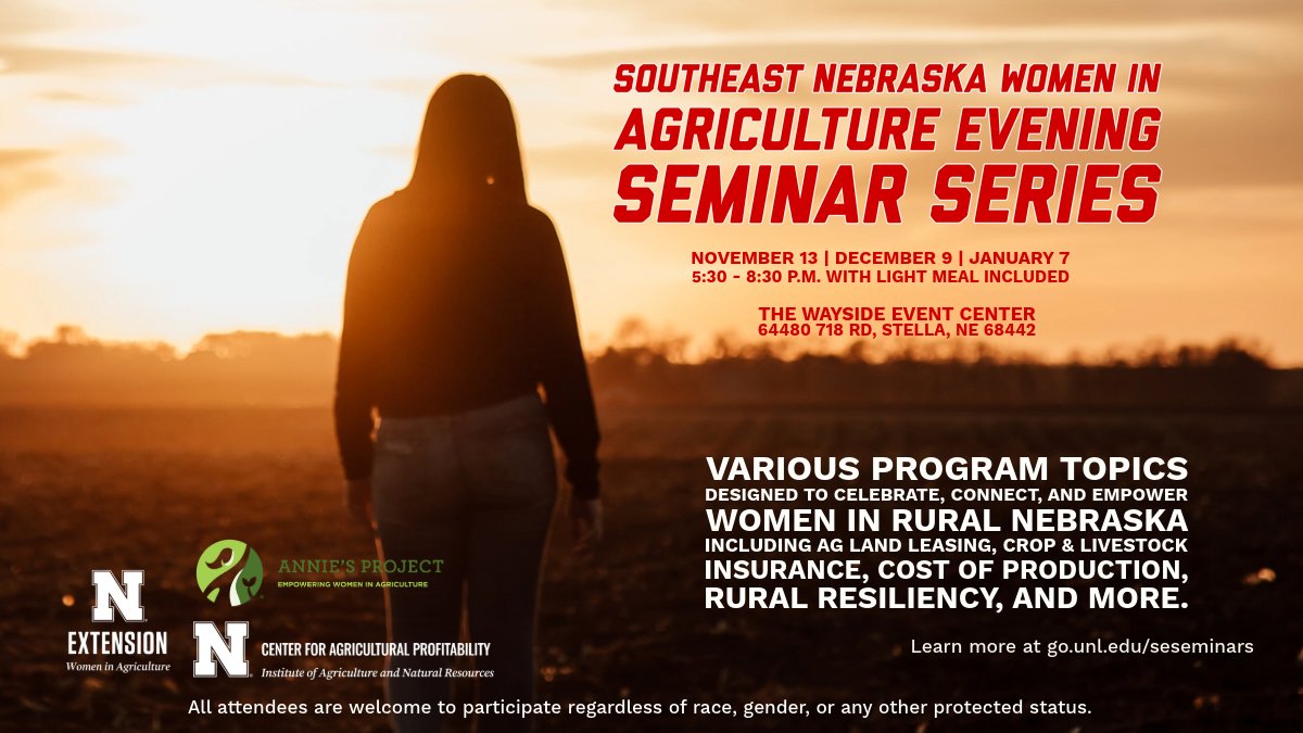 Connect, learn, and grow with other women shaping the future of rural Nebraska at the Southeast Nebraska Women in Agriculture Evening Seminar Series!

📅 Nov. 13 | Dec. 9 | Jan. 7
📍 Wayside Event Center, Stella, NE

Learn more at go.unl.edu/seseminars 📲