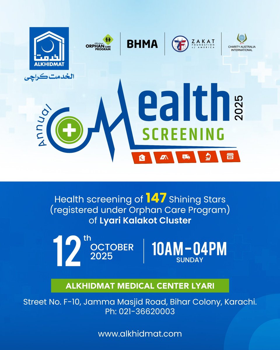 alkhidmatKHI's tweet photo. Alkhidmat Karachi is holding the Annual Health Screening 2025 for 147 shining stars under the Orphan Care Program (Lyari Kalakot Cluster).
12 Oct | 10AM–4PM | Alkhidmat Medical Center, Lyari
#AlkhidmatKarachi #OrphanCareProgram #HealthScreening #Lyari #ServingHumanity https://t.co/eidR9jDjHr