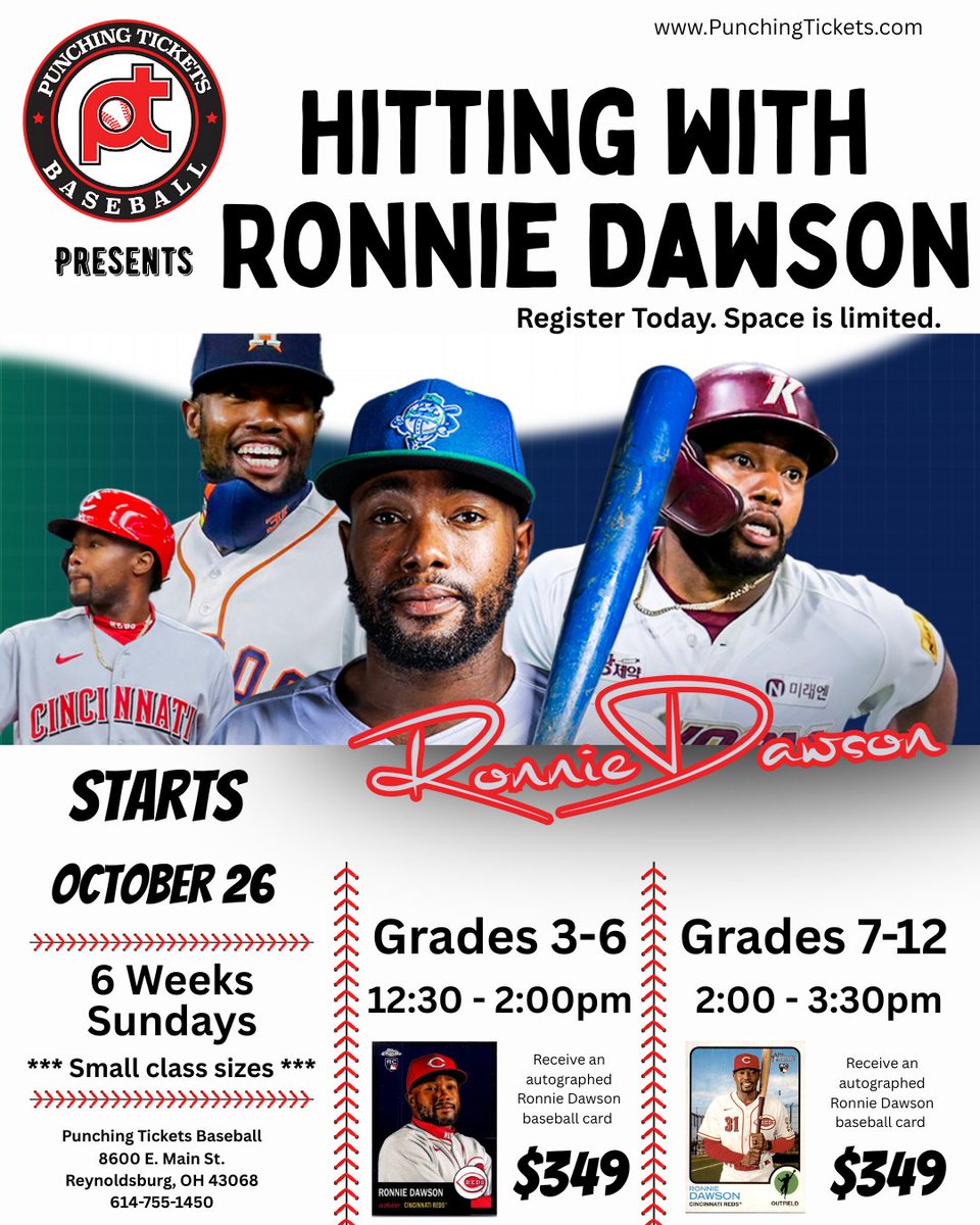 We want to welcome Ronnie Dawson to Punching Tickets Baseball. He will hold hitting clinics starting October 26. 

Grade 3-6
12:30 - 2:00pm

Grade 7-12
2:00 - 3:30pm

Space is limited. 

Each player will receive a Ronnie Dawson baseball card that he will autograph. 

Punching