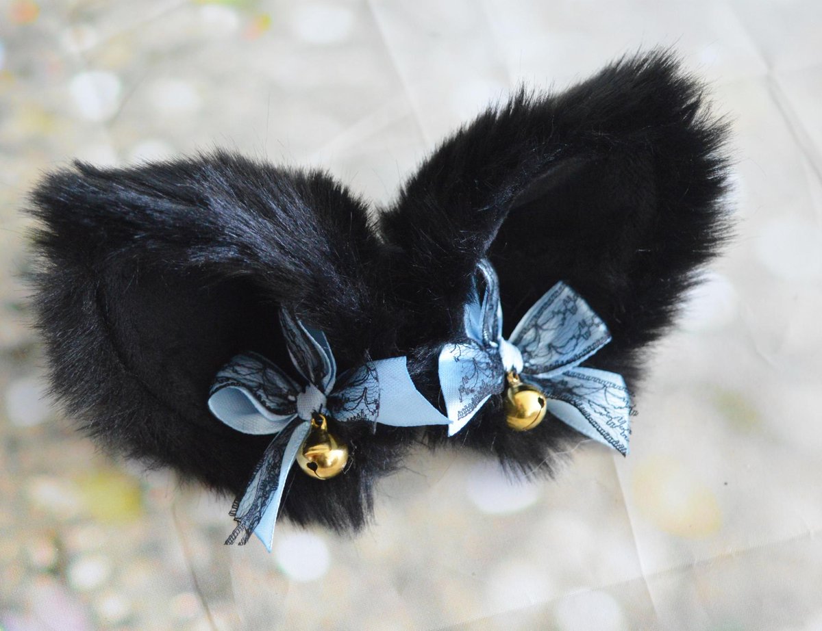 Nekollars's tweet image. Made to Order - Kitten play clip on cat ears with ribbon bows and bell - neko girl boy costume kitten play gear accessories - black and blue tuppu.net/1cde62fb #Etsy #Nekollars #ClipOnEars