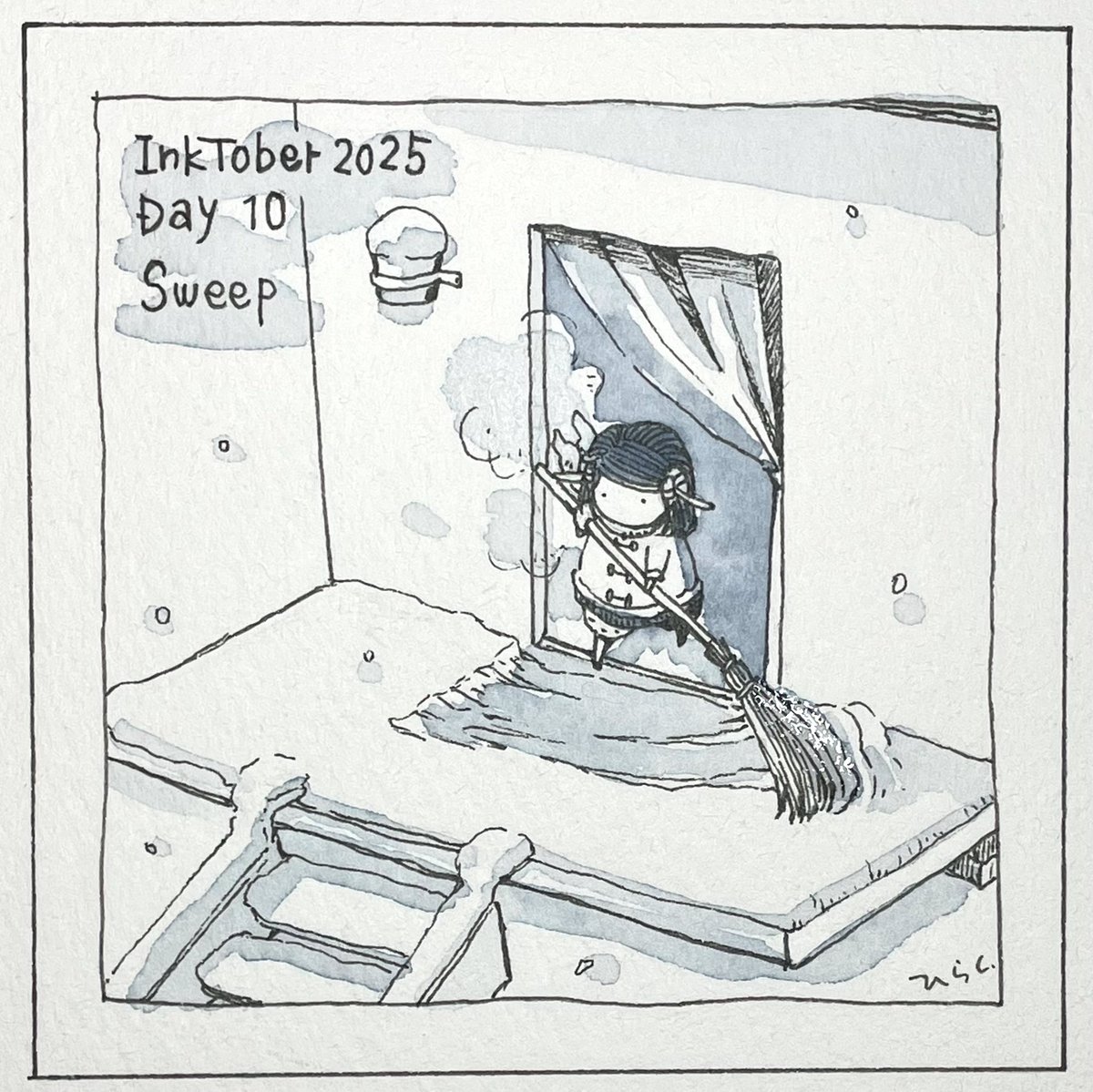 10/10: Sweep
冬の朝の最初のお仕事。
The first task of a winter morning.
#Inktober2025 #inktober2025day10 #Pavot