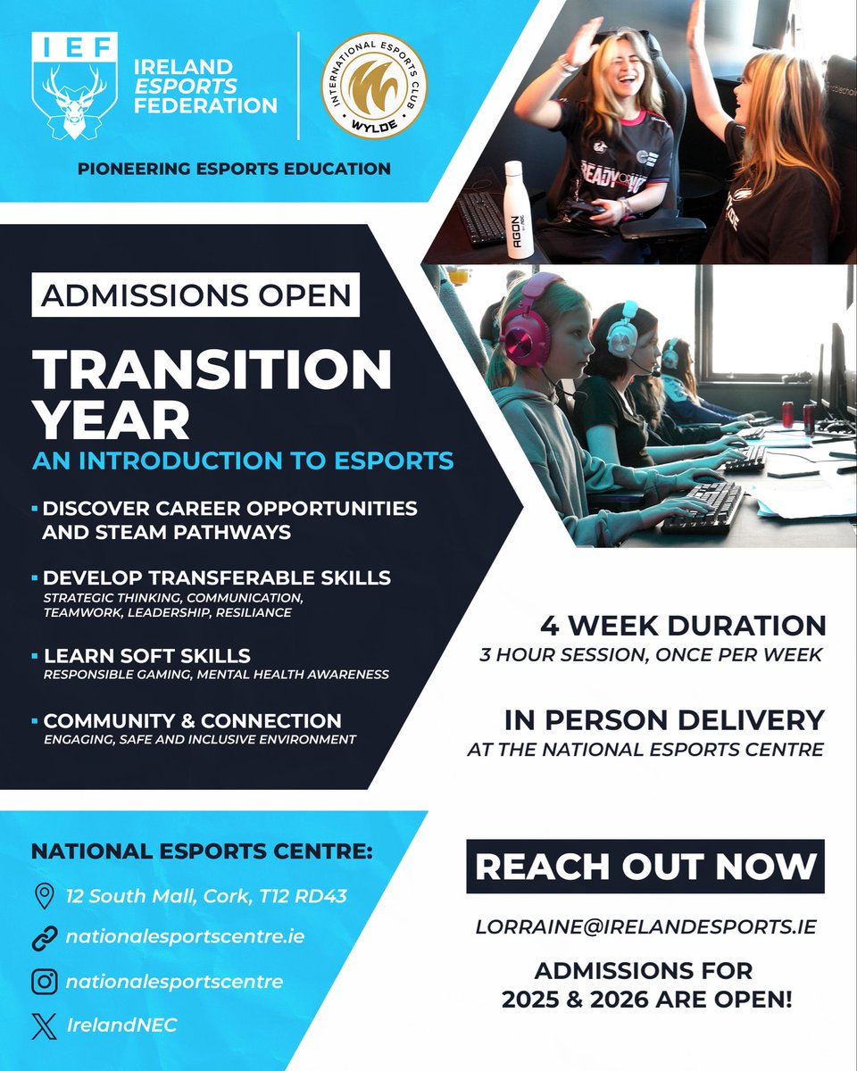 Following the success of our flagship Transition Year programme, admissions are open for 2025/2026! 🇮🇪 

Hosted in Cork, at the <a href="/IrelandNEC/">National Esports Centre</a> 📍

Give your students the opportunity to learn, grow and thrive together in an exciting gaming environment! 🎮