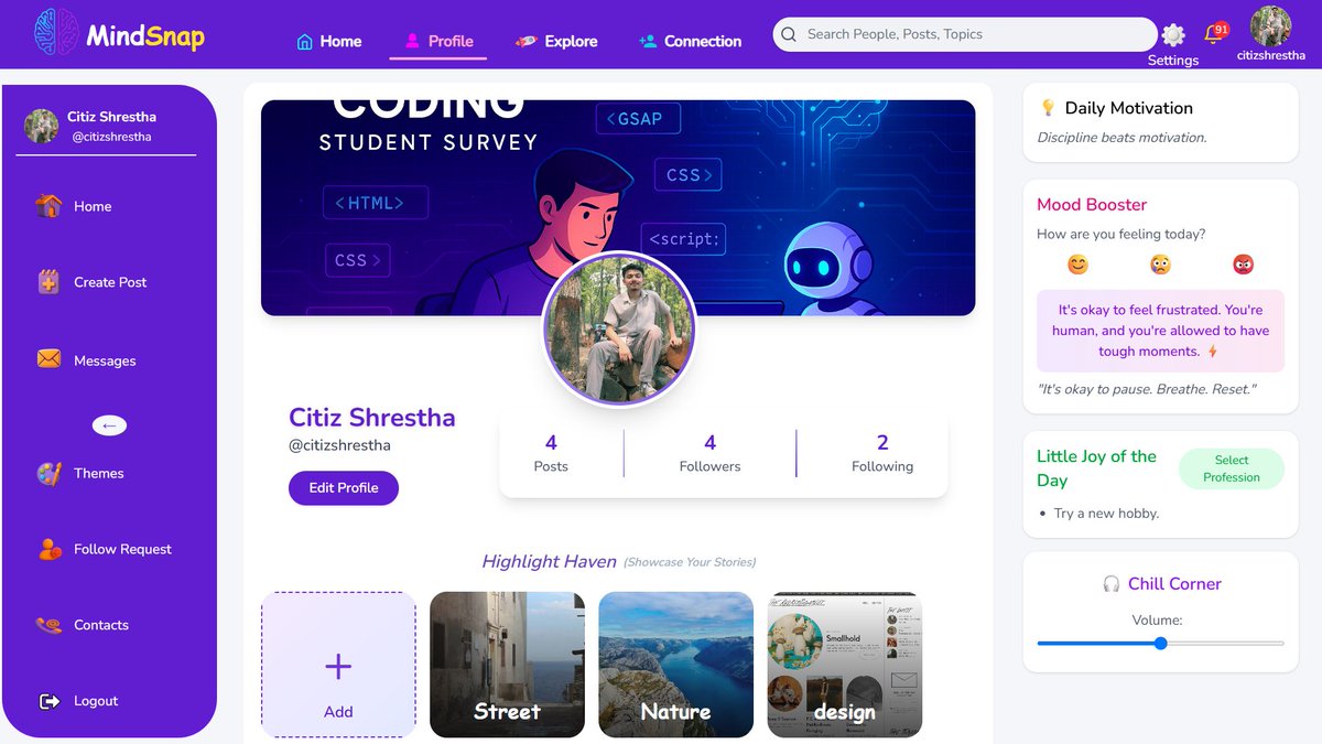 citizShrestha's tweet image. 6th Semester Project: MindSnap
A social media web app built with the MERN stack.
Clean UI, smooth animations, and a modern social experience.
Interface snapshots below 👇
#MERN #WebDevelopment #FullStackProject #ReactJS #MongoDB #NodeJS #ExpressJS #Socket