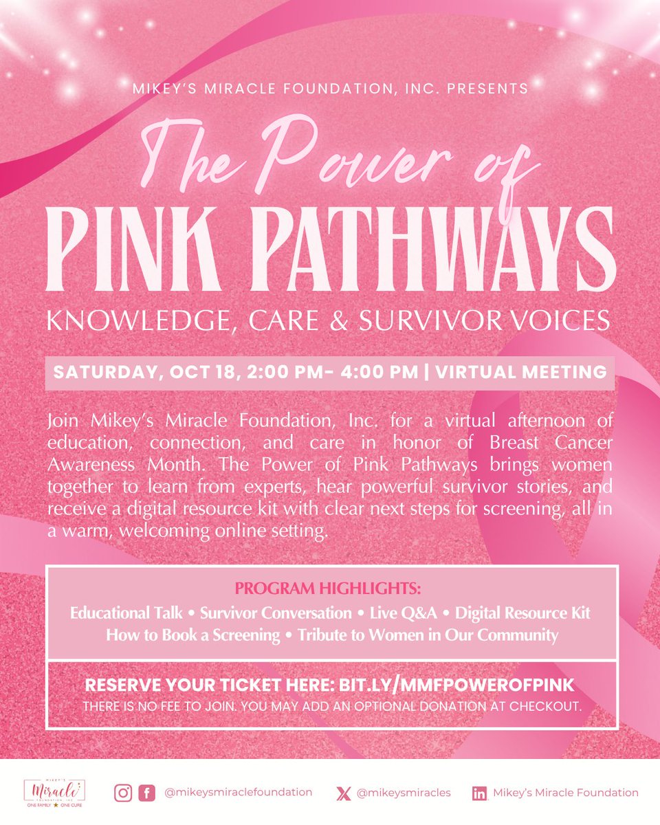 MikeysMiracles's tweet photo. In honor of Breast Cancer Awareness Month, join MMF for The Power of Pink Pathways on Sat, Oct 18, 2-4 PM ET (Zoom). Breast health guidance, survivor story, live Q&amp;A, digital resources. Free reg. https://t.co/L18JBTweFH #PinkPathways #BreastCancerAwareness https://t.co/XSC7McILSN