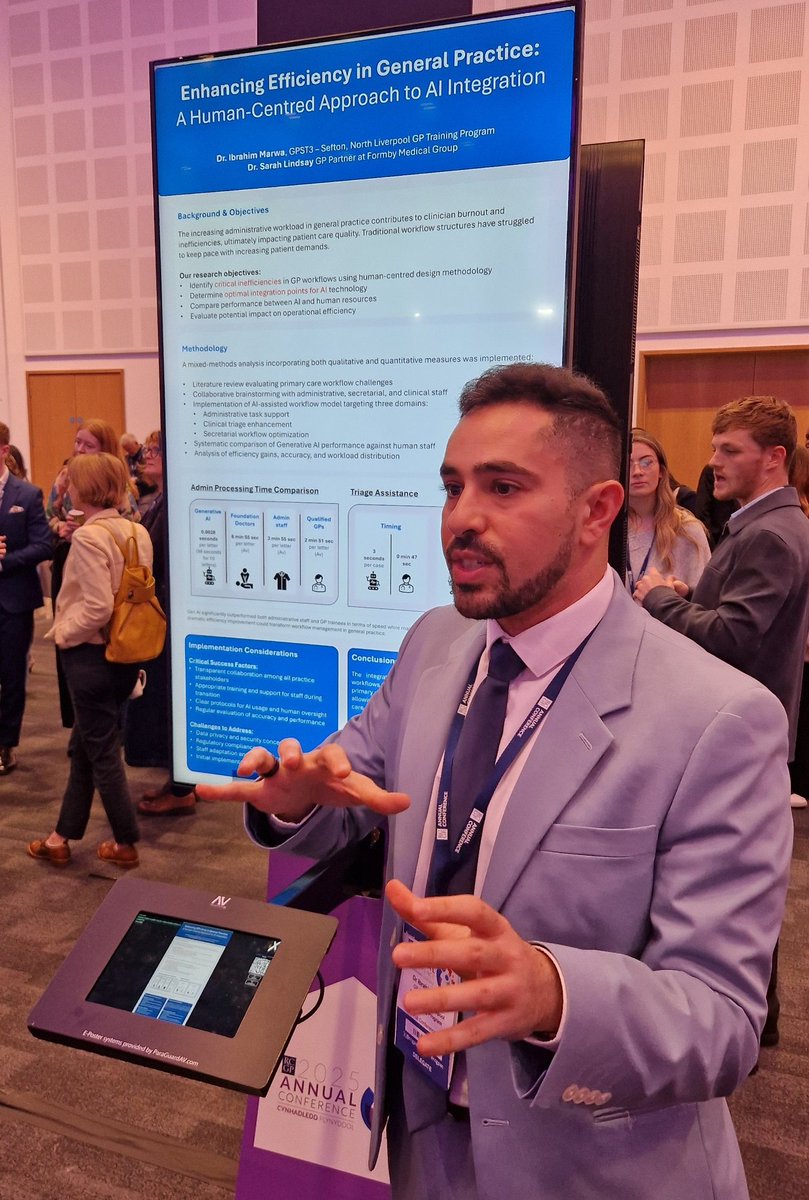 DrJohnCosgrove's tweet image. Great poster presentation by Formby Medical Group Resident Doctor @imkmarwa at #RCGPac on pitching humans against @Copilot for summarising mock incoming letters. Copilot did best! The winner was less clear for triaging mock patients.