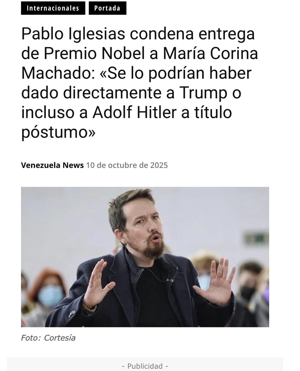 roseSuarz's tweet image. Ante en el gran rechazo mundial, el
exvicepresidente y secretario general de Podemos
Pablo Iglesias, también ha condenado la elección de María Corina Machado al premio Nobel de la
Paz 2025.
 #VenezuelaConPalestina