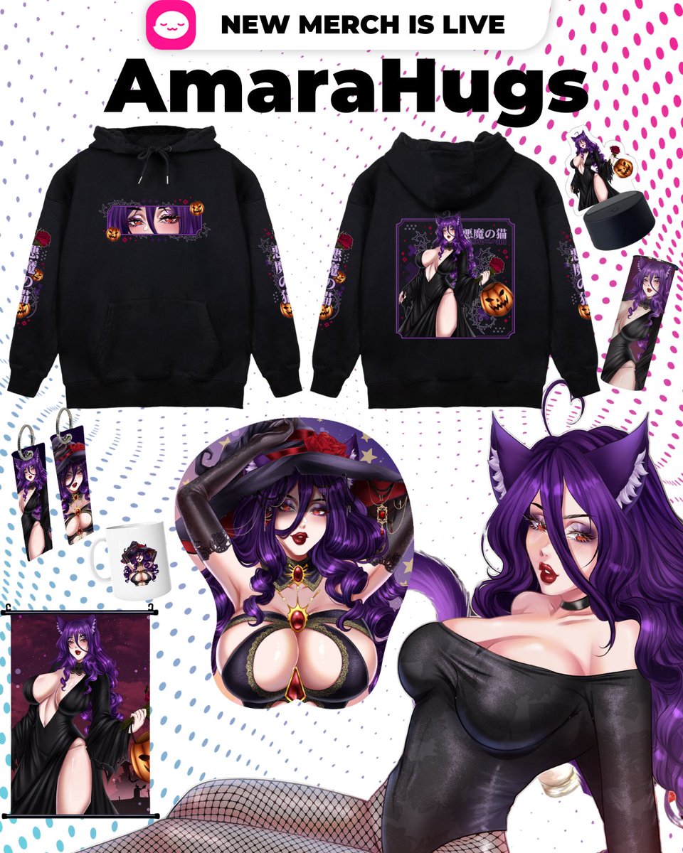 ‼️Available Now‼️
My new Halloween themed merch is out! 

Featuring: Hoodie, jet tag, my 1st ever 3D mousepad, and more! Check the whole collection out here -&gt; uwumarket.us/collections/am…

Happy spooky season witches!

All art made by <a href="/mirasaurusdraws/">🔮💜Mirasaurusdraws💜🔮 | COMMISSIONS OPEN| NSFW🔞</a> 
#Vtuber #UwUMarket #spookymonth