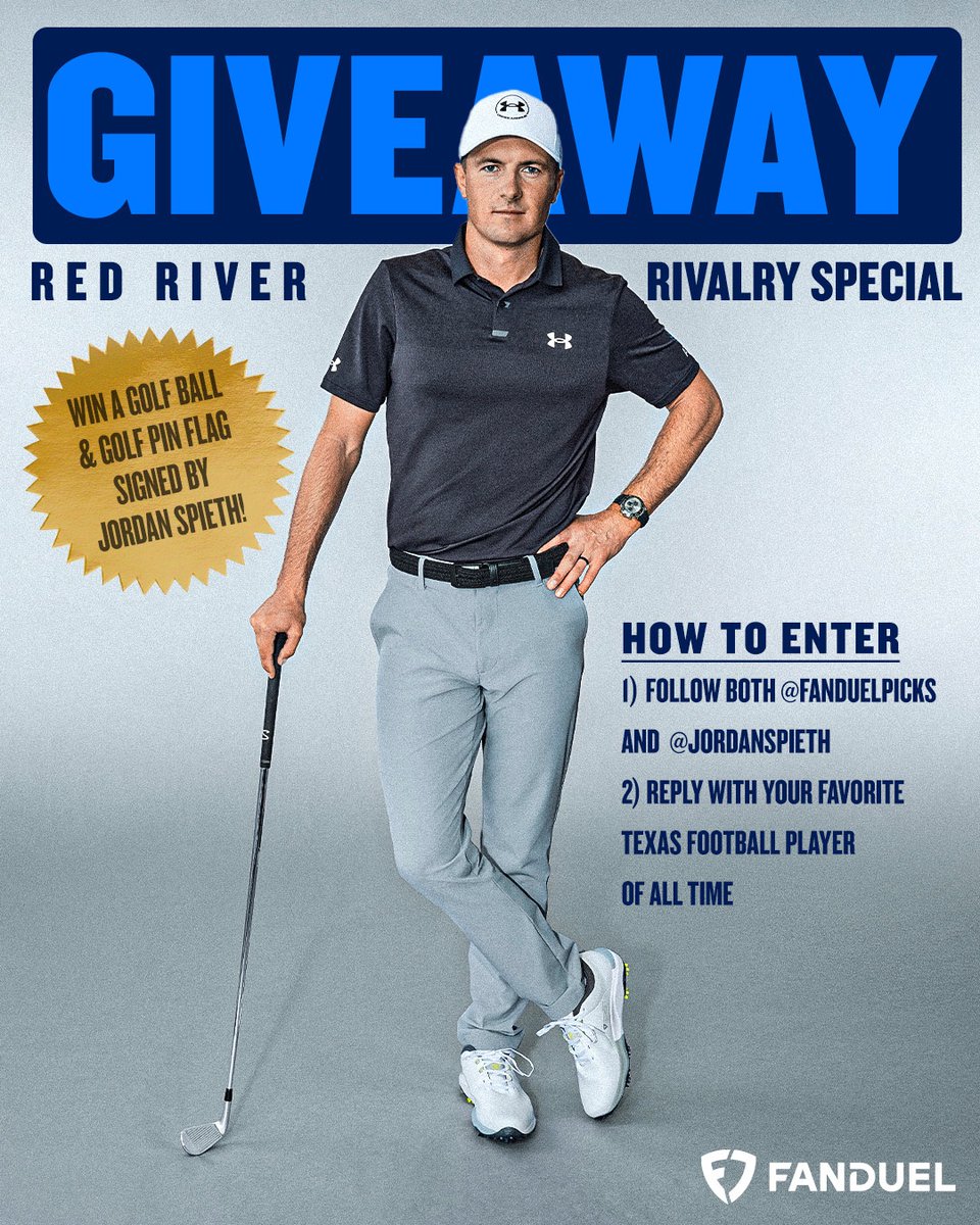 It’s Red River Rivalry time 🤘🤘 so <a href="/FanDuel/">FanDuel</a> and I are giving away 3 signed golf balls and pin flags!
 
For a chance to win:
1️⃣ Follow <a href="/FanDuelPicks/">FanDuel Picks</a> and me
2️⃣ Reply with your favorite Texas football player
 
Rules: go.fanduel.com/RedRiverRules