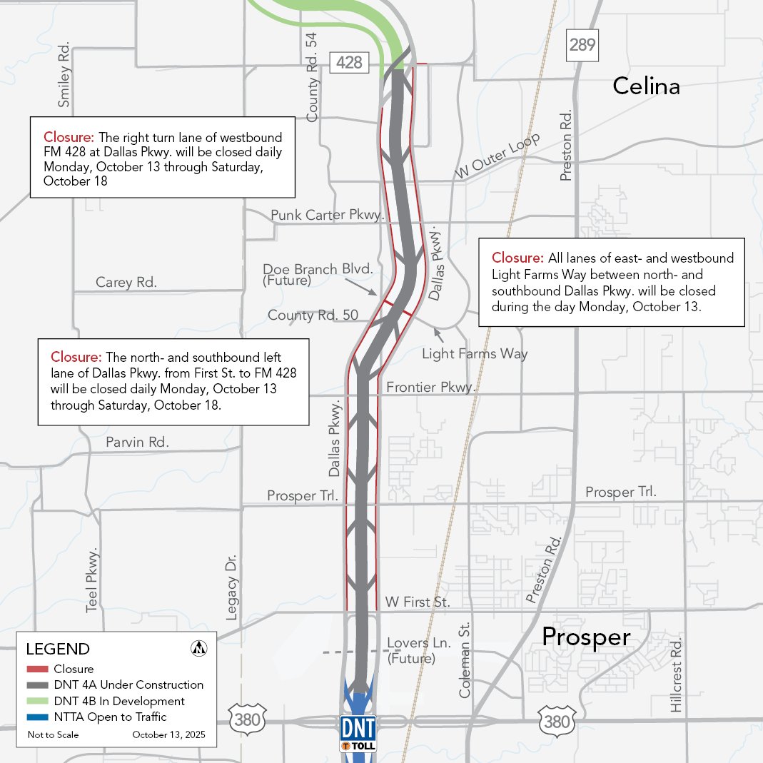 Scheduled Closures for Dallas North Tollway Extension Project in Prosper and Celina, October 13-18.