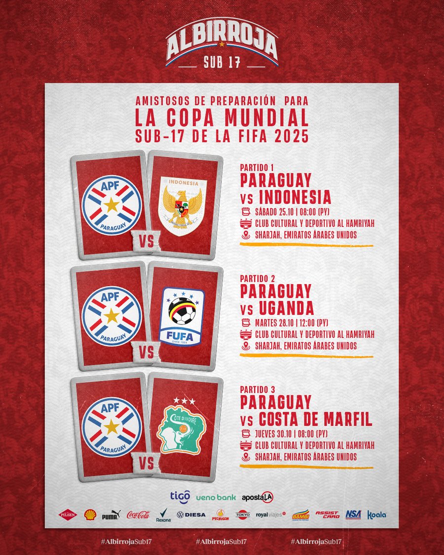 ¡Amistosos confirmados para la #AlbirrojaSub17! ⚪️🔴

La gira llevará al equipo hasta Emiratos Árabes Unidos, donde disputará tres encuentros de preparación previo al Mundial de la categoría. 

Los detalles: 🔗 bit.ly/42CS3Hk

#VamosParaguay 🇵🇾