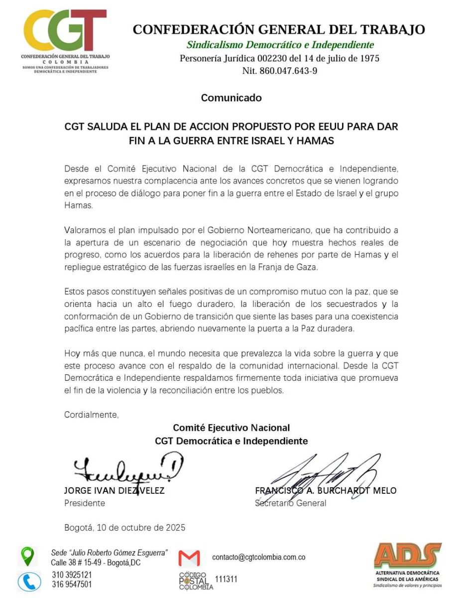 Desde la CGT Democrática e Independiente expresamos nuestra complacencia ante los avances concretos que se vienen logrando en el proceso de diálogo para poner fin a la guerra entre el Estado de Israel y el grupo Hamas <a href="/ADS_Americas/">ALTERNATIVA DEMOCRÁTICA SINDICAL DE LAS AMÉRICAS</a> <a href="/JorgeDiezCGT/">Jorge Ivan Diez Velez</a>
<a href="/everstrongever/">EVERSTRONG</a> <a href="/ACC_camioneros/">ACC Camioneros (oficial)</a>