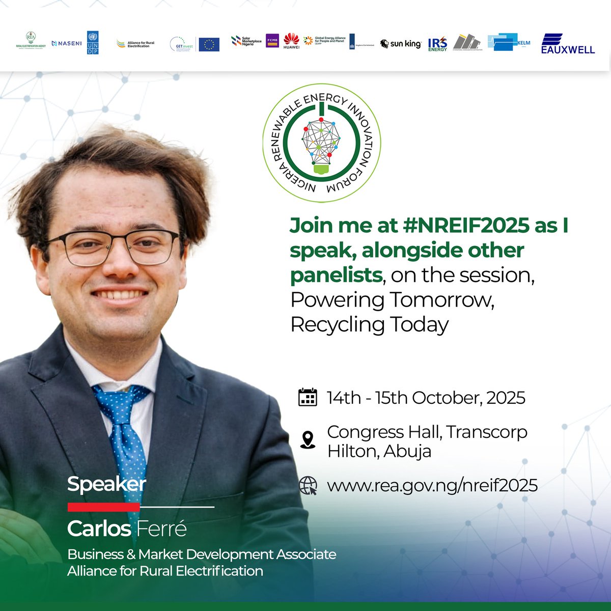 TheREANigeria's tweet image. 🎤 #NREIFSpeakersSpotlight - Carlos Ferre, Associate, Business &amp;amp; Market Development, @RuralElec, will be speaking at #NREIF2025.

To join him, register on rea.gov.ng/nreif2025.