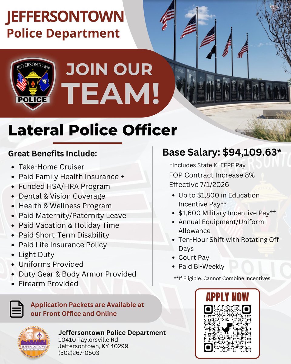 🚔🚔🚨 LATERAL PROCESS NOTICE 🚨🚔🚔

📢📣 The Jeffersontown Civil Service Commission hereby gives notice of an application period for the position of Police Officer – Lateral Transfer.

The City of Jeffersontown is an EOE.

m.facebook.com/story.php?stor…

#police #policejobs