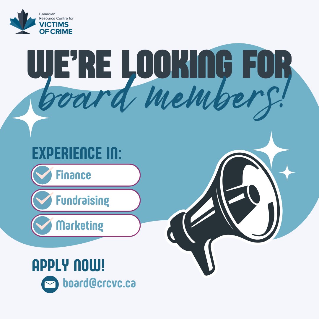 CRCVC's tweet image. Reminder: The CRCVC is currently seeking volunteers to join our Board of Directors with expertise in finance, fundraising, and marketing supporting victims of crime across Canada. 
Please send your resume by October 26th and a brief expression of interest to board@crcvc.ca.