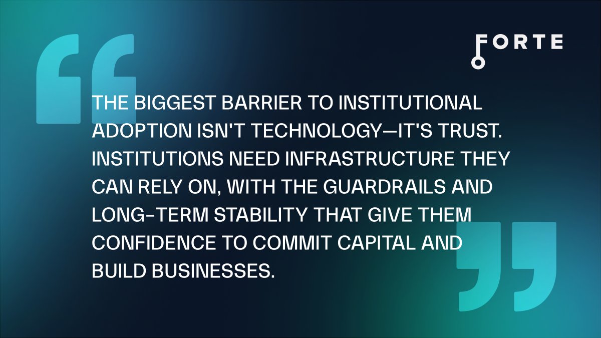 ForteProtocol's tweet image. Last week at Token 2049, our VP of Business Development, Carl, articulated what became clear: the biggest barrier to institutional adoption isn&apos;t technology— it&apos;s trust.