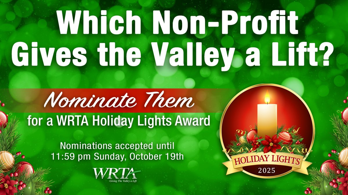 WRTA 2025 Holiday Lights nominations are now open and will close October 19th. Learn more and nominate your favorite local Valley non-profit now on WRTA's site: bit.ly/3ya5K1E