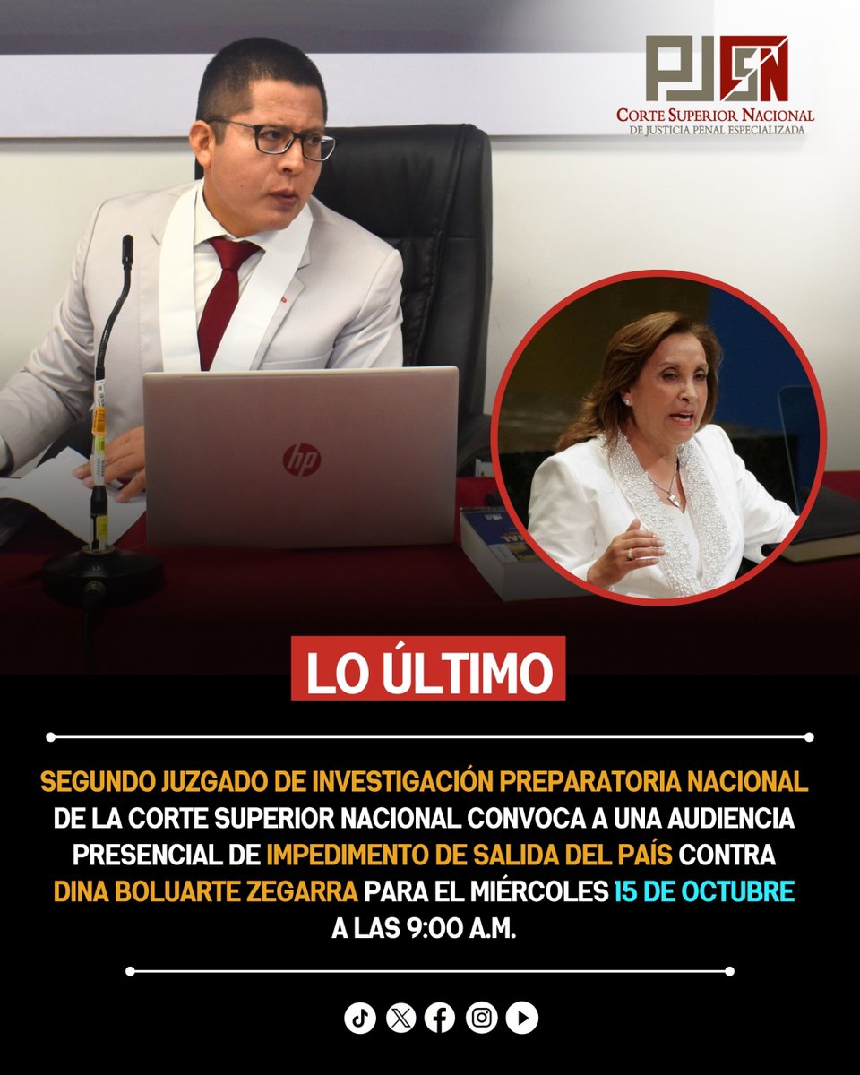 csnjpeOficial's tweet image. #Último Segundo Juzgado de Investigación Preparatoria a cargo del juez Fernando Valdez, programa para el 15 de octubre, a las 9:00 a.m., audiencia de impedimento de salida del país contra la expresidenta Dina Boluarte Zegarra, en la sede de la Av. Tacna N° 734, Cercado de Lima.