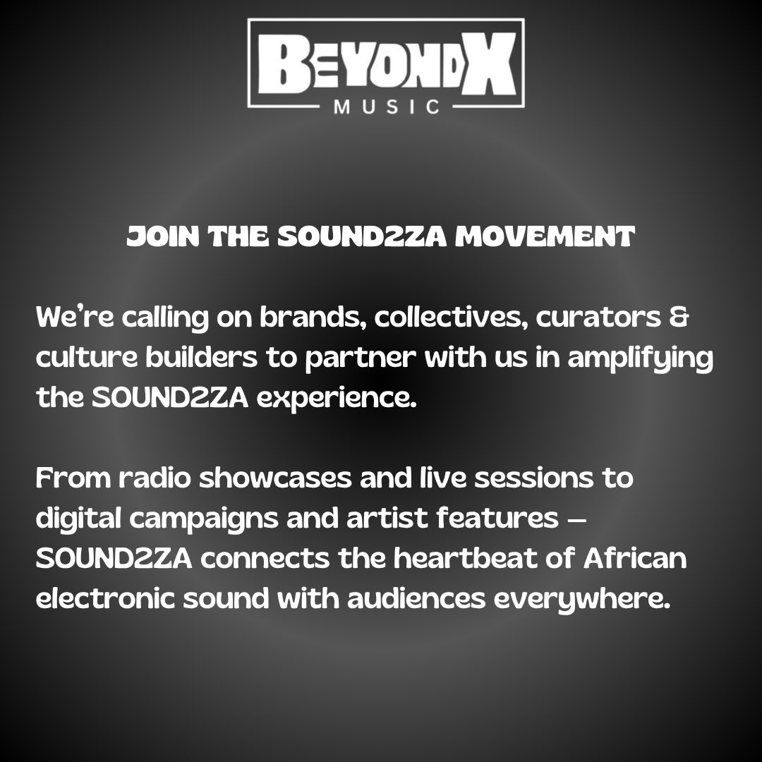 TheBeyondXMusic's tweet photo. The frequency is rising 🌍
We’re calling on brands, collectives, curators &amp; culture builders to partner with us in amplifying the SOUND2ZA experience.

From radio showcases and live sessions to digital campaigns &amp; artist features. https://t.co/amVhEqFlpA