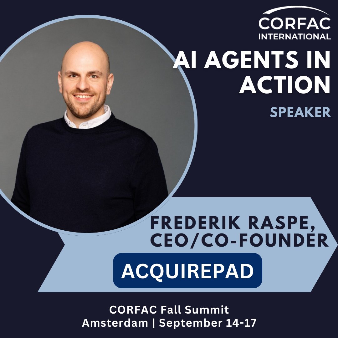 CORFACIntl's tweet image. 🤝 Thank you Frederik Raspé, CEO &amp;amp; Co-Founder of Acquirepad, for your AI Agents in Action session at the CORFAC Fall Summit in Amsterdam!

Your insights on how AI is reshaping broker workflows were invaluable. 👏🌍 #CORFAC #thinkCORFACfirst