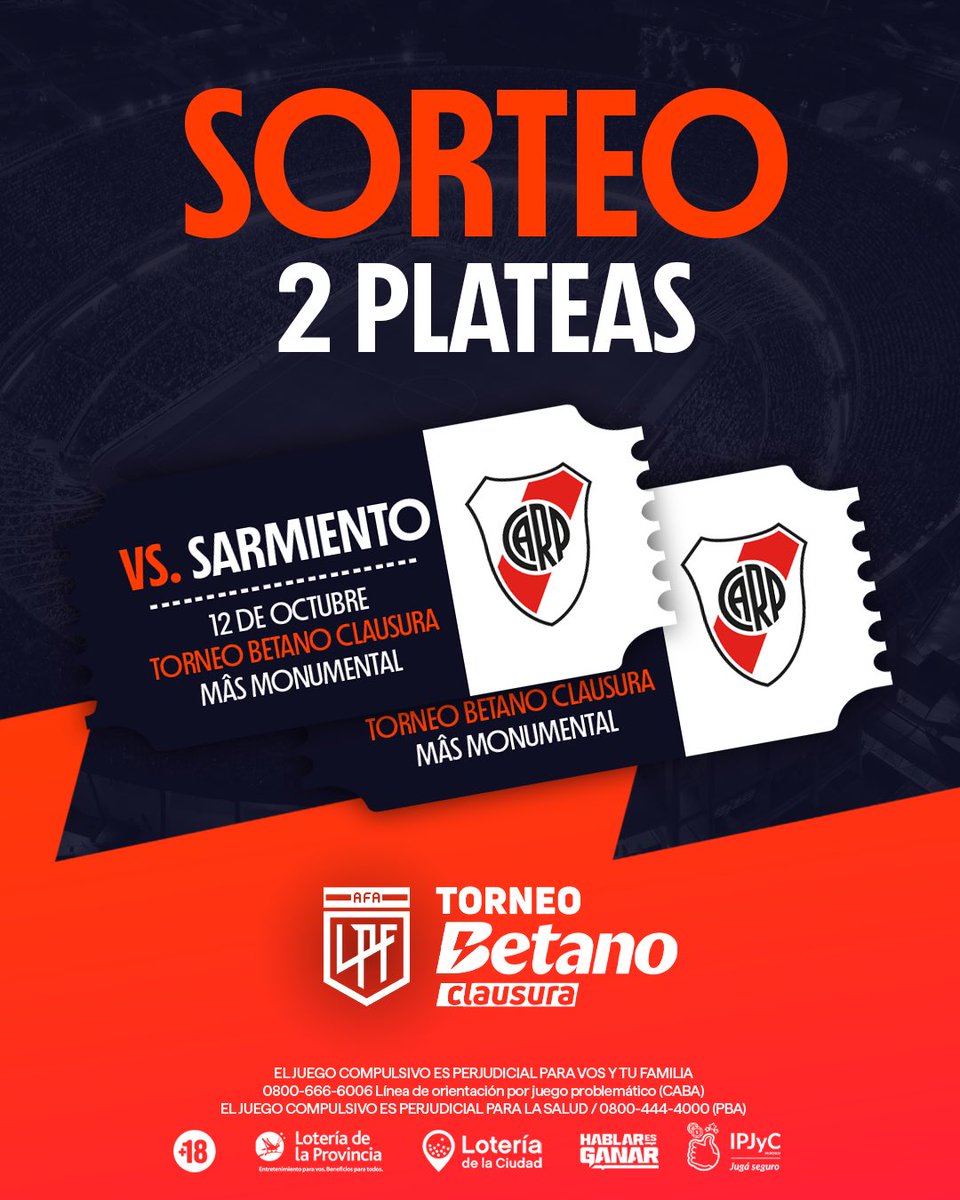 ¡SORTEAZO! ⚪️🔴⚪️

Vení a alentar al Millonario este domingo contra Sarmiento en el Mâs Monumental.

• Dale ❤️ y RT
• Seguí a <a href="/Betano_arg/">Betano Argentina</a> 

El 12/10 anunciamos el ganador. 🍀

#TorneoBetano #Confia #Betano