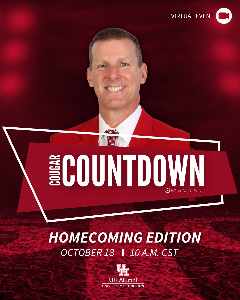 Make sure to tune in, Coogs! We’re LIVE from TDECU Stadium for a special Homecoming Edition of Cougar Countdown, a Virtual Pre-Game Show at 10 A.M. CST! Don’t miss out on special guests, UH updates and all the hype before the big game!

Register Now: bit.ly/uhcougarcountd…
