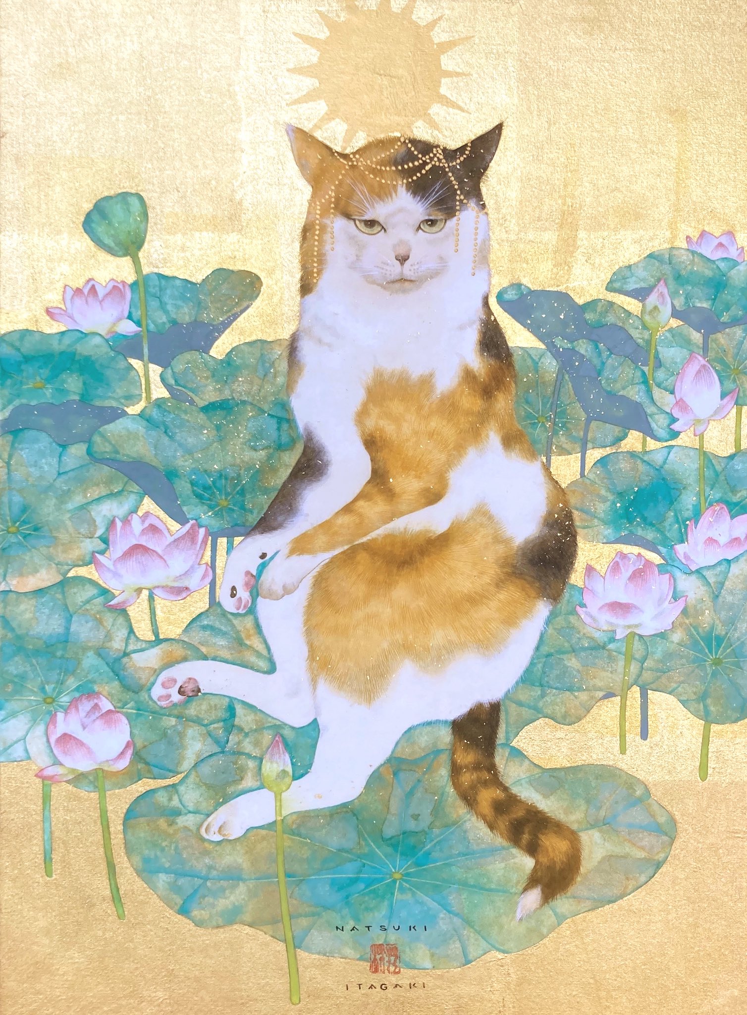 一時的セール坂垣夏樹作 月とひまわりの犬 日本画 フレーム付き F 一時的セール坂垣夏樹作 月とひまわりの犬 日本画 フレーム付き