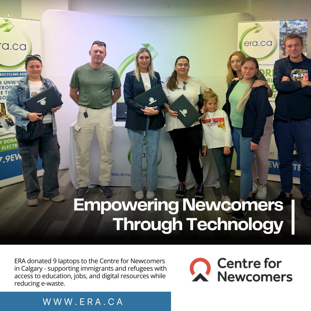 The Electronic Recycling Association (ERA) recently donated nine laptops to the Centre for Newcomers in Calgary, Alberta.

This donation supports immigrants and refugees by providing access to the digital tools they need to pursue education, find employment, and stay connected as