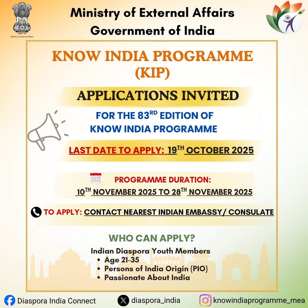 CGIMarseille's tweet image. Ministry of External Affairs @MEAIndia invites fresh applications from Indian diaspora Youth aged between 21-35 years for the upcoming 83rd edition of the Know India Programme (KIP).
To apply, kindly visit: cgimarseille.gov.in/section/news/a…
#KnowIndiaProgramme
@IndianDiplomacy