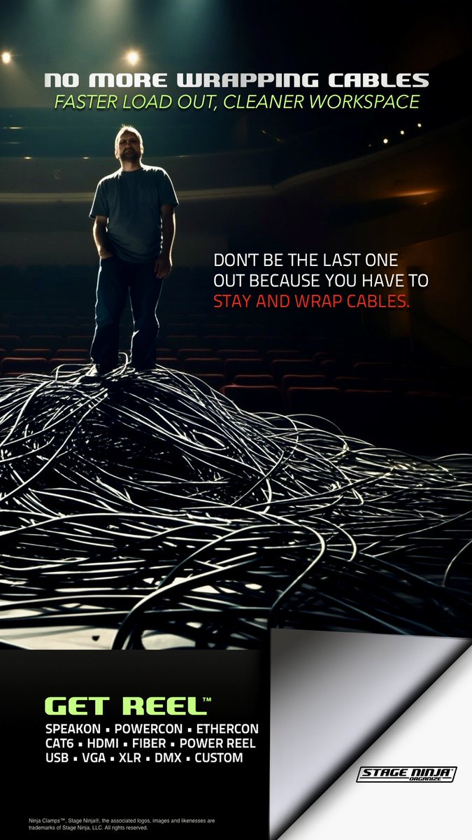 StageNinjaGear's tweet image. Don’t be last one standing if you don’t have to be. Load out can be a fraction of the time when you don’t have to wrap cables.

#stageninja #RetractableCables #TechAccessories #EventProduction #AudioVisual