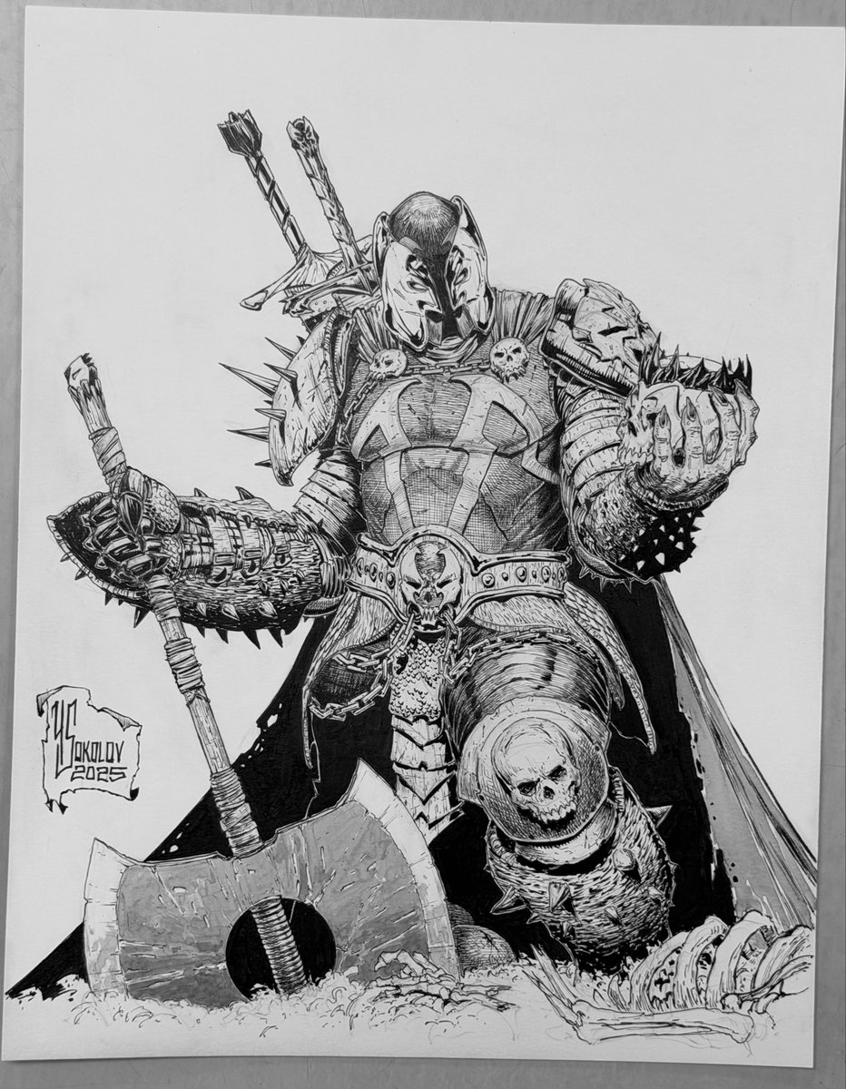 October single character commission number 8!
MEDIEVAL SPAWN &amp; the Black Crown
11x14
Pen and ink plus little bit of ink wash 
<a href="/JDSFilms/">JDS</a> 
<a href="/ImageComics/">Image Comics</a> <a href="/Todd_McFarlane/">Todd McFarlane</a>