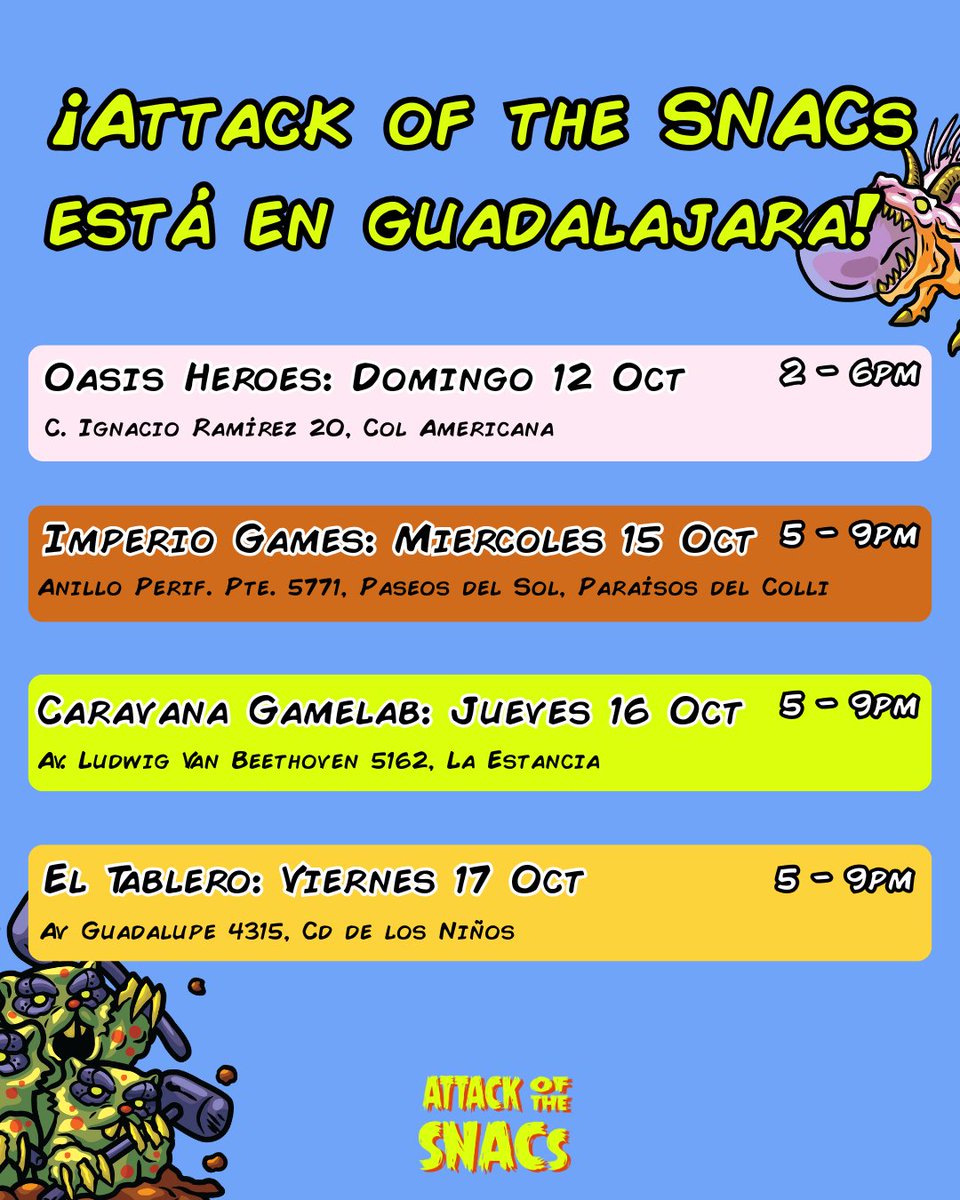 🥧 ¡Attack of the SNACs ya está en México!

Puedes recoger tu juego en cualquiera de los eventos 🎉

Si todavía no tienes tu copia, puedes comprar una en cualquiera de estos eventos. 🎲

#juegosdemesa