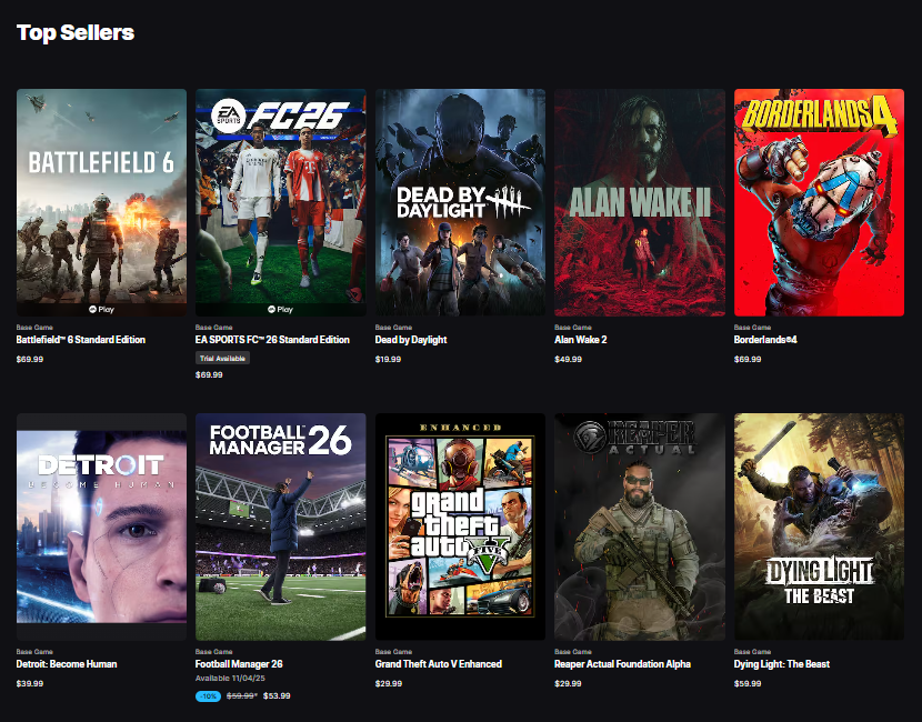 Thanks to our earliest supporters, we're among the Top Sellers on Epic headed into the weekend! 👀

All three versions of Reaper Actual Foundation Alpha are still available on EGS for those who haven't picked it up yet!