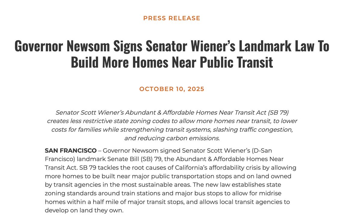 albrgr's tweet photo. CA Governor Newsom just signed SB 79, an important bill to make homes easier to build near transit, and arguably the biggest YIMBY win to date.

Some reflections on the bill &amp; the history of how we got here 🧵 https://t.co/nHPNUW8m7R