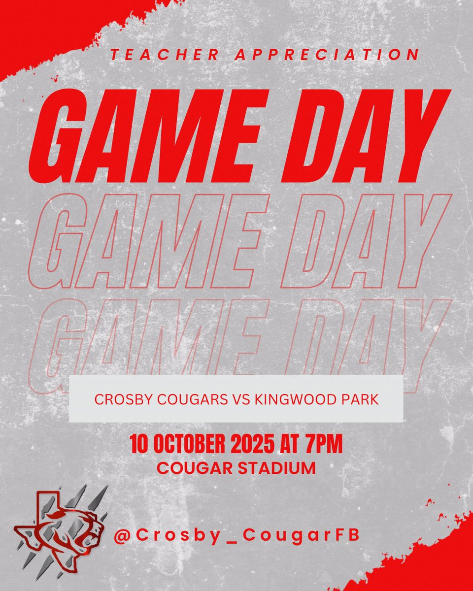 It’s GAME DAY in Cougar Country! 
Crosby vs. Kingwood Park tonight at Cougar Stadium!
We’re celebrating Teacher Appreciation Night! Thank you to all the educators who pour into our students daily!