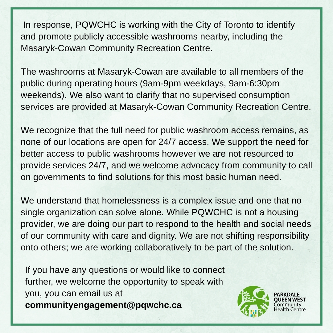 A Message to Our Community

We’ve shared a letter outlining current washroom access at Masaryk Cowan Community Rec Centre and Parkdale Queen West CHC.

Access the statement here: pqwchc.org/wp-content/upl…

#parkdale #community #masarykcowan #pqwchc