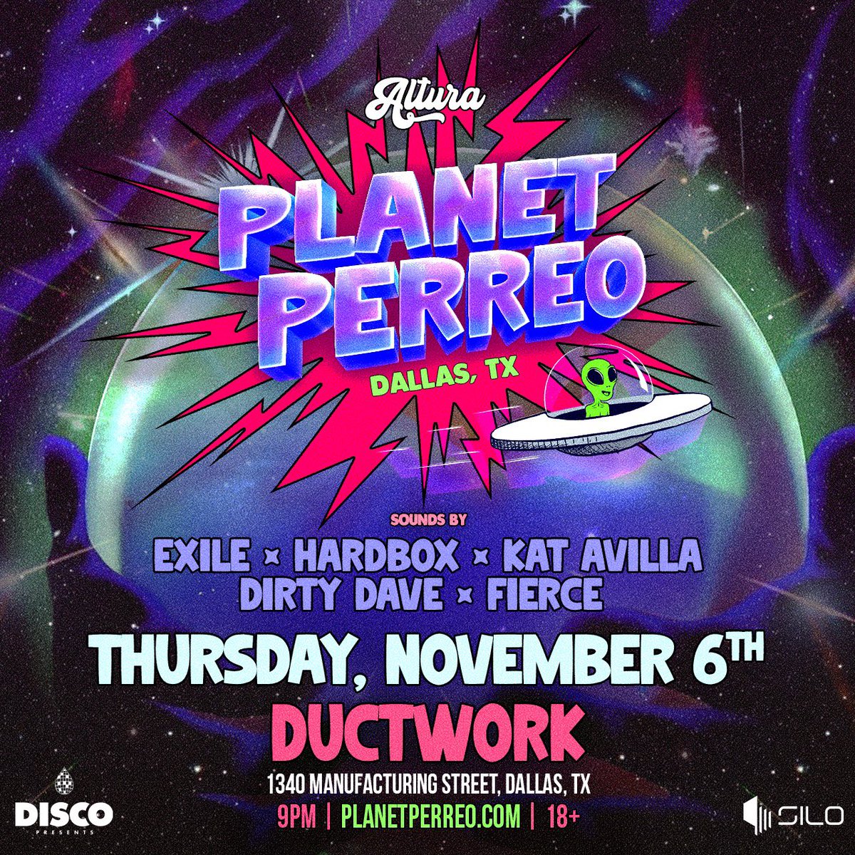 DALLAS 🛸 Your Planet Perreo lineup has landed 💥 Join us on Thurs, Nov 6th at Ductwork at <a href="/SiloDallas/">SILO Dallas</a> with Exile, <a href="/DjDirtyDave/">This is Dirty 😈</a> &amp; MORE👽💫 Get your tickets now!

🎟→ on.discopresents.com/trk/planetp1106