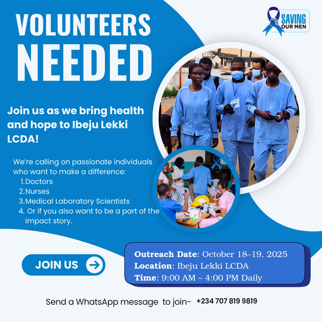 Saving Our Men (@savingourmen) on Twitter photo Weโre calling on volunteers who want to make a difference โ
๐จ๐พโโ๏ธ Doctors | ๐ฉ๐พโโ๏ธ Nurses | ๐งช Lab Scientists | ๐ Change Makers
๐
Outreach: Oct 18โ19 | ๐ Lekki LCDA
๐๏ธ Volunteer Deadline: Oct 15
๐ฌ Join here: chat.whatsapp.com/KdQfH1S7Y6WAEkโฆ
#SavingOurMen #LekkiOutreach Weโre calling on volunteers who want to make a difference โ
๐จ๐พโโ๏ธ Doctors | ๐ฉ๐พโโ๏ธ Nurses | ๐งช Lab Scientists | ๐ Change Makers
๐
Outreach: Oct 18โ19 | ๐ Lekki LCDA
๐๏ธ Volunteer Deadline: Oct 15
๐ฌ Join here: chat.whatsapp.com/KdQfH1S7Y6WAEkโฆ
#SavingOurMen #LekkiOutreach