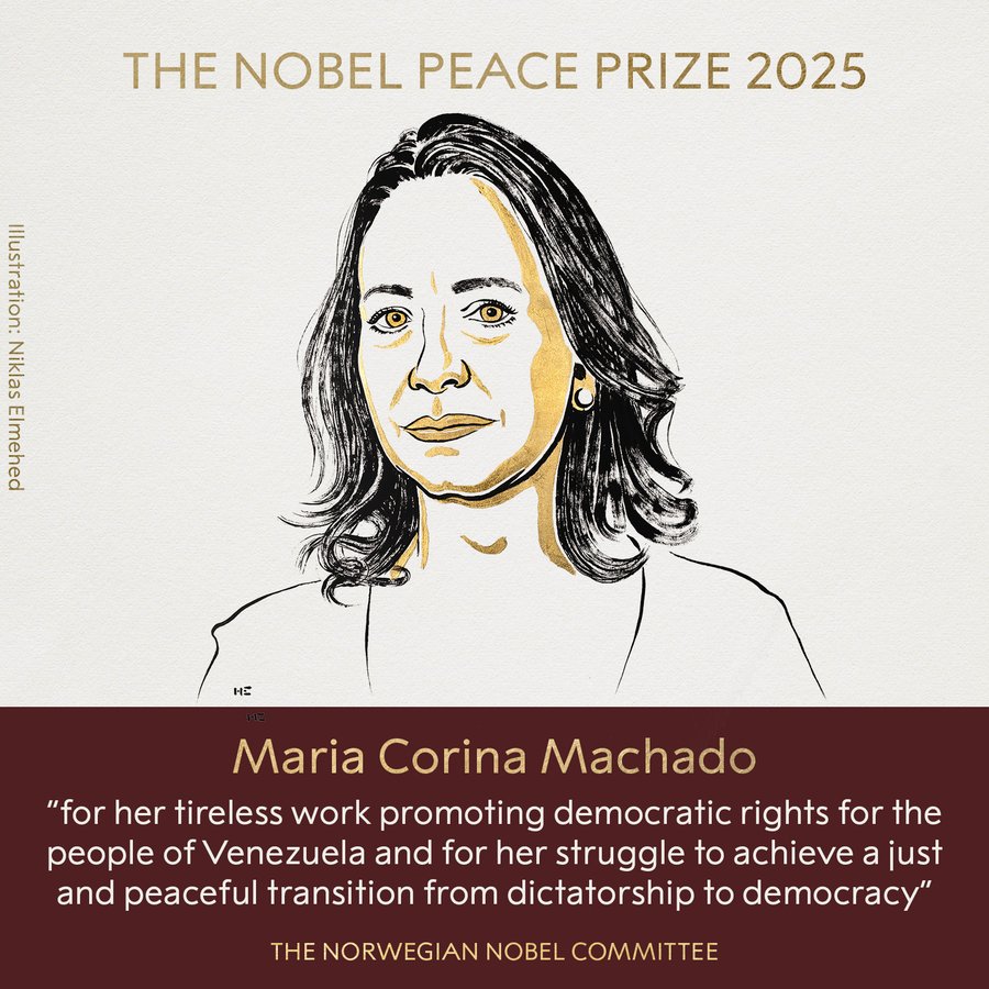 A powerful recognition of courage and conviction. 🌍
Maria Corina Machado’s fight for democracy in Venezuela reminds the world that peace begins where freedom is defended. ✊🏽
#NobelPeacePrize #MariaCorinaMachado #Democracy #Peace