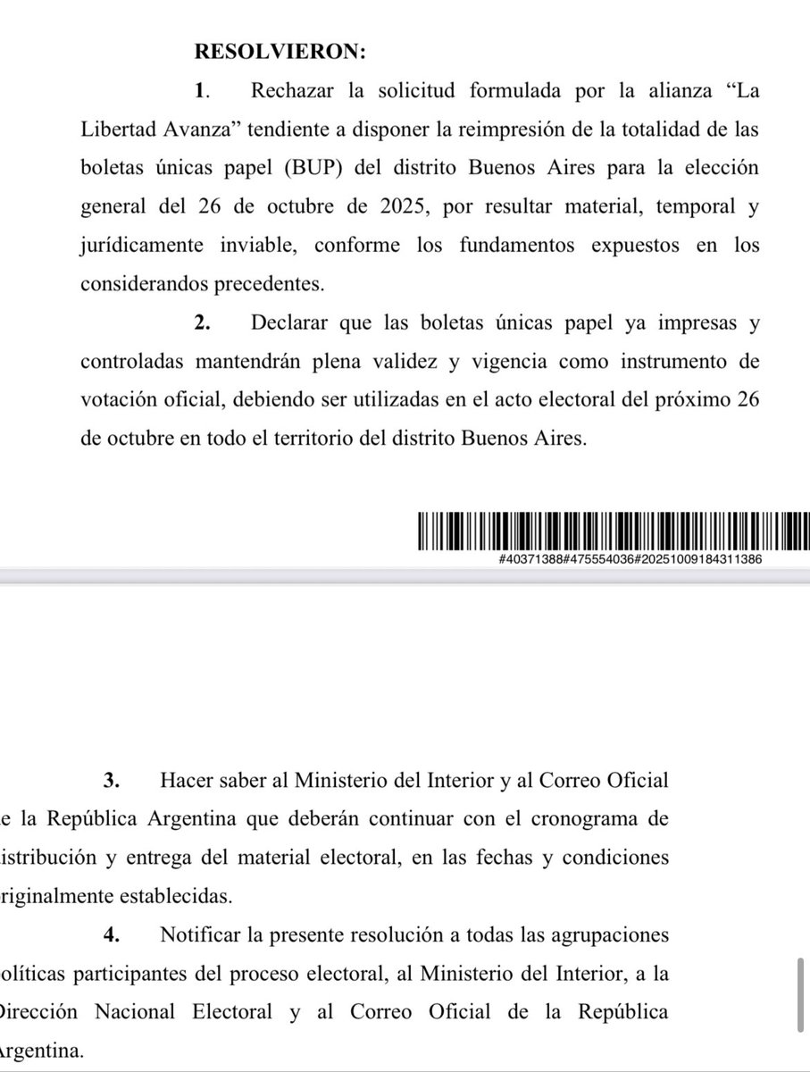 🟢VERDADERO: LA JUNTA ELECTORAL RECHAZA EL PEDIDO DE REIMPRESIÓN DE BOLETAS.

🗳️Se rechazó el pedido de reimpresión de boletas de La Libertad Avanza, por ser “material, temporal y jurídicamente inviable”. Las boletas actuales seguirán vigentes para el 26 de octubre.