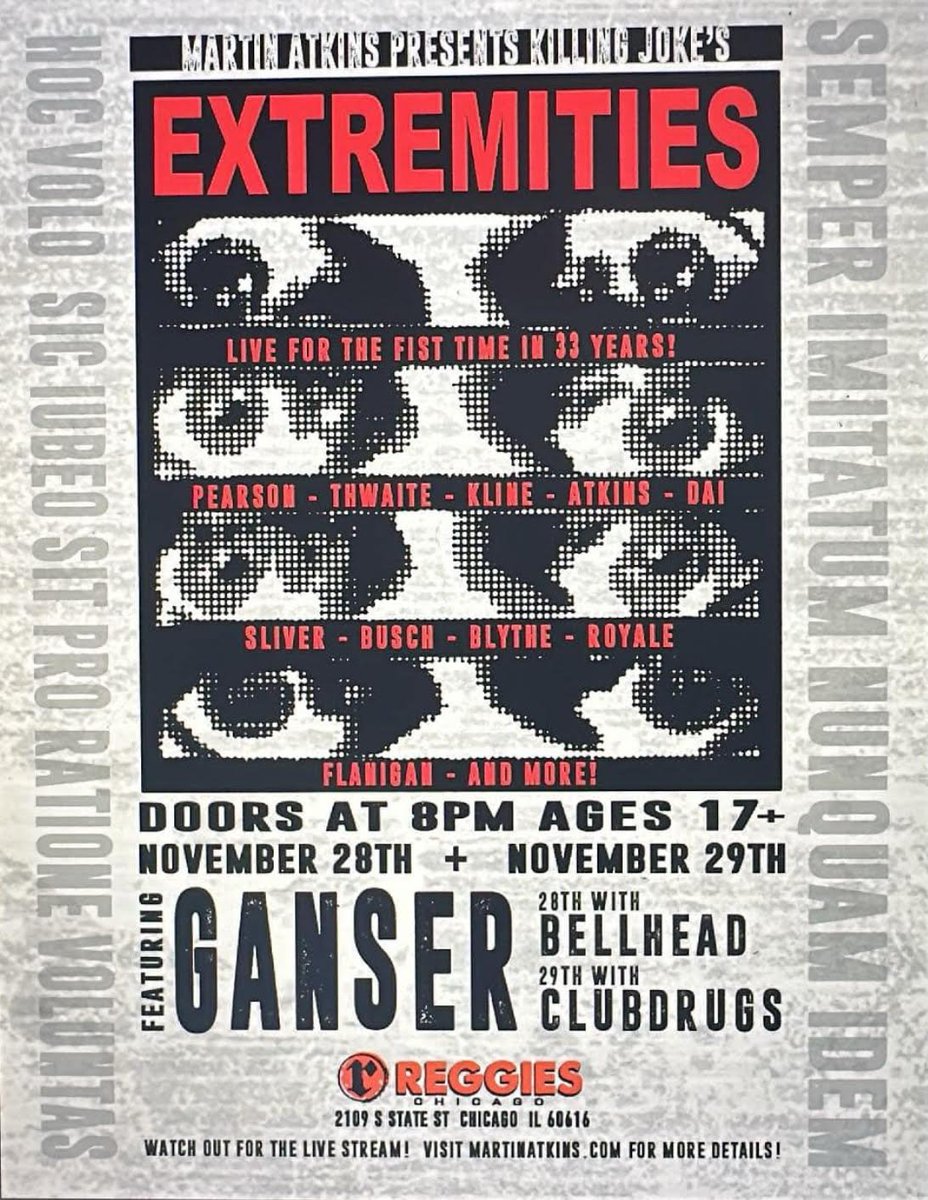 Surprise, we're playing with Martin Atkins (<a href="/marteeeen/">Martin Atkins</a>) and a crazy ensemble presenting Killing Joke's Extremities in full for two nights in November in Chicago. See you there.