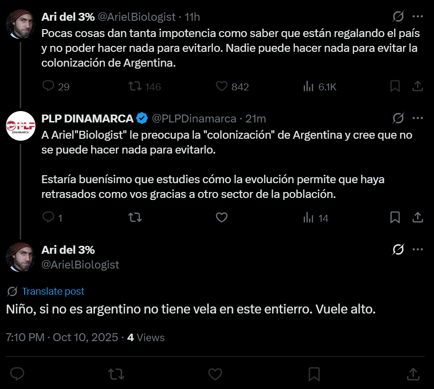 Además de no saber leer y ser un cagón que bloquea sin ningún tipo de altercado grave parece vivir en un termo en el propio país que le preocupa que colonicen (no sabe lo que es el PLP).

@Arielbiologist chupame la pija