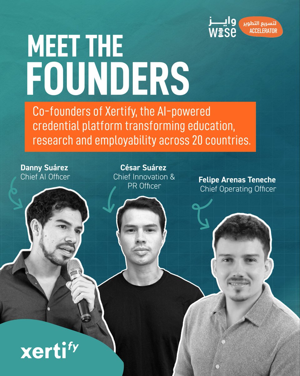 WISE_Tweets's tweet image. Meet César Suárez, Danny Suárez & Felipe Arenas Teneche — co-founders of Xertify, the #AIpowered credential platform with 700K+ users and 150+ institutions in 15 countries.
Learn more: wise-qatar.org/project/xertif…