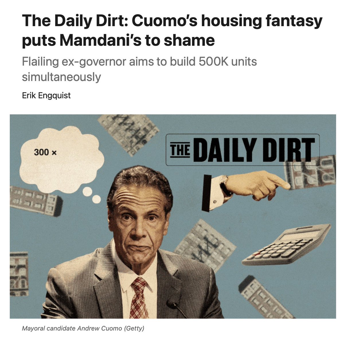 abundance_ny's tweet image. In our NYC 2025 Voter Guide, we say that the former governor hasn't demonstrated seriousness about addressing NYC's housing affordability crisis.
Now @erik_engquist writes that Cuomo's plans are getting worse—attempting to outdo the frontrunner, he's swinging ever more wildly.