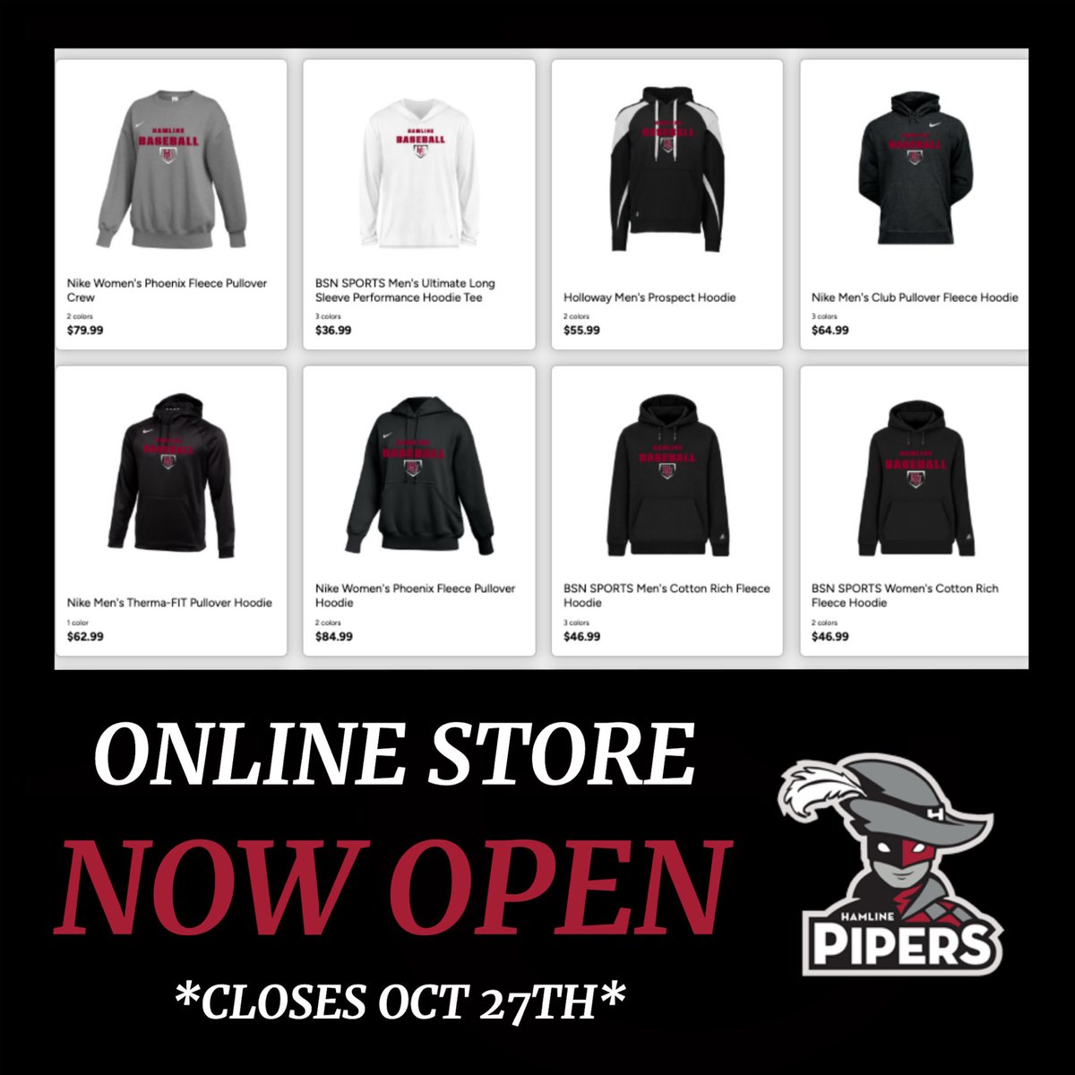 🛒ONLINE STORE🛒

Our HU Baseball Online Store is now OPEN!

Get your HU Baseball gear before our online store closes on OCT 27th!

Go Pipers!

bsnteamsports.com/shop/XDperEJcex