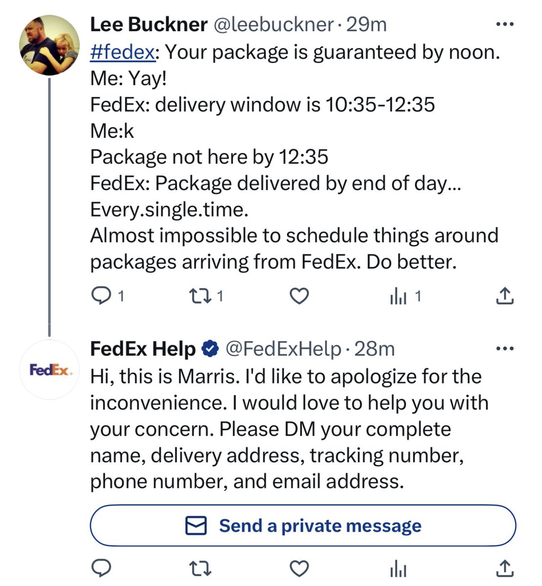 leebuckner's tweet photo. They’re quick to reply to the post so people think they care. Meanwhile it’s been more than 1/2 an hour since I replied and crickets… https://t.co/YOP2xzxHzY