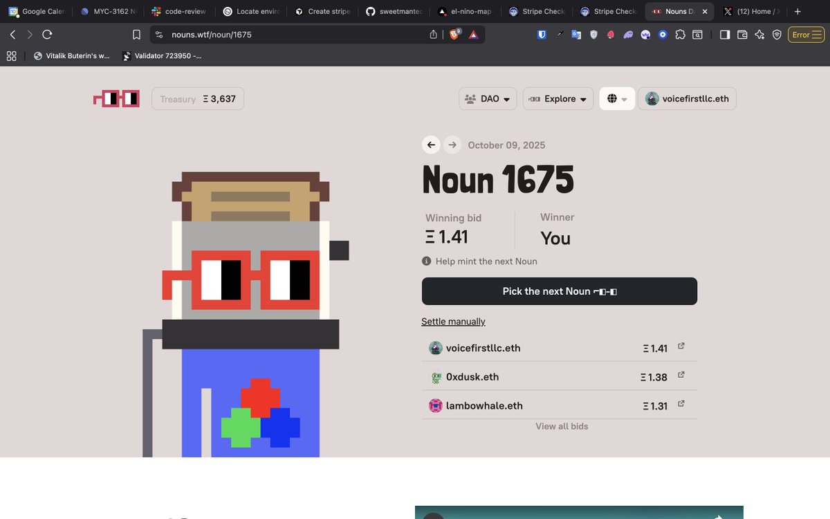 I just contributed another 1.41 ETH to the <a href="/nounsdao/">Nouns.eth</a> treasury. ⌐◨-◨