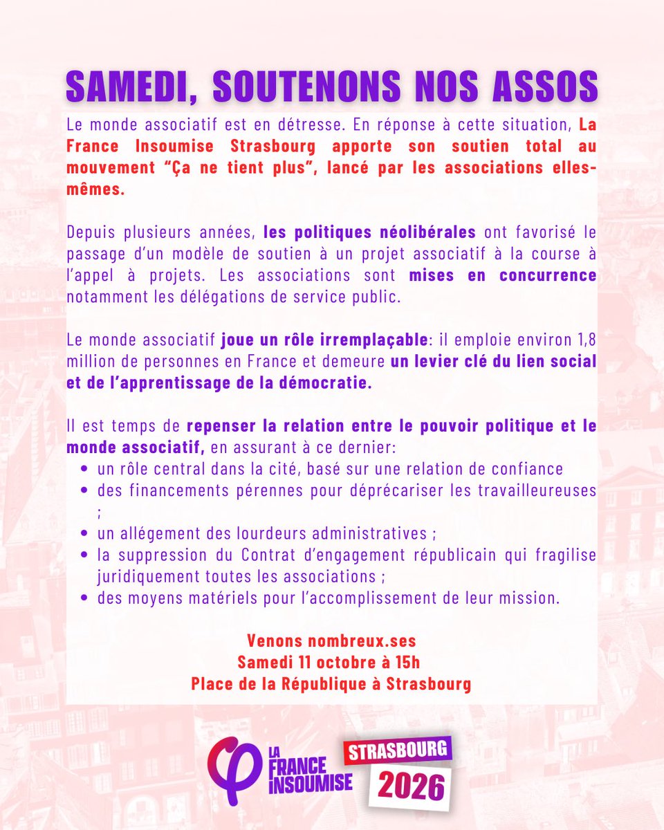 ✊ Solidarité avec les associations asphyxiées par l’austérité. Assez du mépris néolibéral !
Rendez-vous le 11 octobre à 15h place de la république à Strasbourg.
#StrasbourgInsoumise #lfi #strasbourg